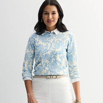 Petite Croft & Barrow® Printed Three Quarter Sleeve Pullover Sweater