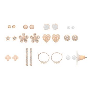 LC Lauren Conrad 12-Pair Rose Gold Tone and Simulated Stone Nickel Free Assorted Earrings Set