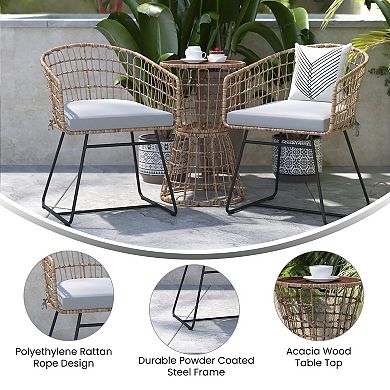 Flash Furniture Indoor/Outdoor Boho Rattan Rope Bistro Set with Side Table and Cushions