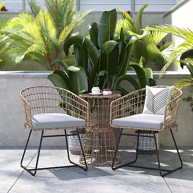 Flash Furniture Indoor/Outdoor Boho Rattan Rope Bistro Set with Side Table and Cushions