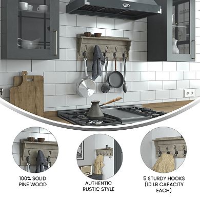 Flash Furniture Wall Mounted Storage Rack with Upper Shelf and Storage Hooks