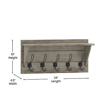Flash Furniture Wall Mounted Storage Rack with Upper Shelf and Storage Hooks