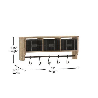 Flash Furniture Wall Mounted Storage Rack with Upper Shelf, Wire Baskets, and Hooks