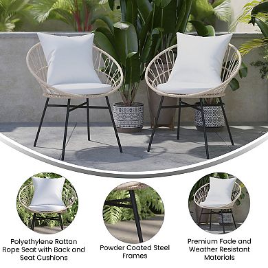 Flash Furniture Indoor/Outdoor Boho Rattan Rope Chairs with Back & Seat Cushions