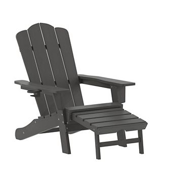 Flash Furniture Commercial All-Weather Adirondack Chair with Pullout Ottoman & Cupholder