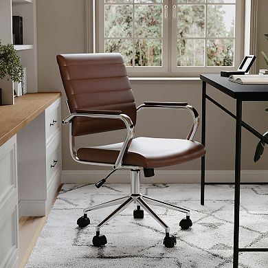 Martha Stewart Upholstered Ribbed Faux Leather Swivel Home Office Chair with Armrests