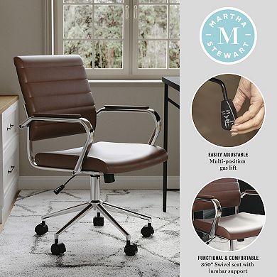 Martha Stewart Upholstered Ribbed Faux Leather Swivel Home Office Chair with Armrests