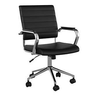 Martha Stewart Upholstered Ribbed Faux Leather Swivel Home Office Chair with Armrests