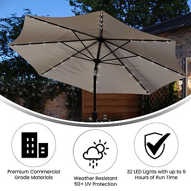 Flash Furniture Commercial 9 FT Solar LED Light Umbrella with Crank and Tilt Functions