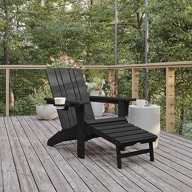 Flash Furniture Commercial All-Weather Adirondack Chair with Pullout Ottoman & Cupholder