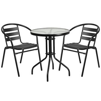 Flash Furniture 23.75" Round Glass Metal Table with 2 Metal Aluminum Slat Stack Chairs
