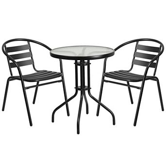 Flash Furniture 23.75" Round Glass Metal Table with 2 Metal Aluminum Slat Stack Chairs