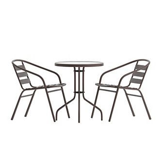 Flash Furniture 23.75" Round Glass Metal Table with 2 Metal Aluminum Slat Stack Chairs
