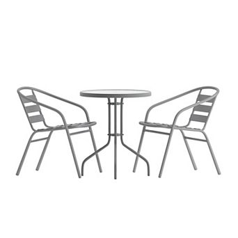 Flash Furniture 23.75" Round Glass Metal Table with 2 Metal Aluminum Slat Stack Chairs