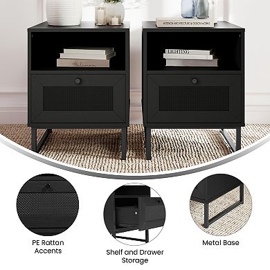 Merrick Lane Set of 2 Wooden Mid-Century Modern Nightstand Accent Tables with Storage