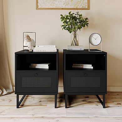 Merrick Lane Set of 2 Wooden Mid-Century Modern Nightstand Accent Tables with Storage