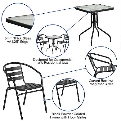 Flash Furniture 23.5" Square Glass Metal Table with 2 Metal Aluminum Slat Stack Chairs