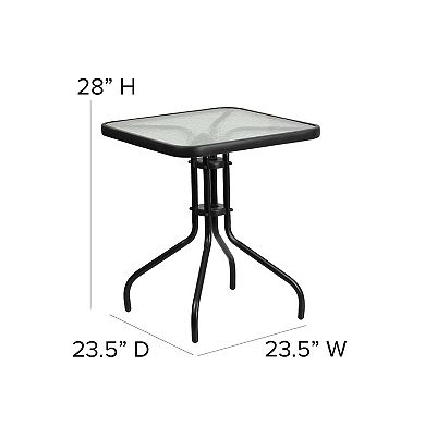 Flash Furniture 23.5" Square Glass Metal Table with 2 Metal Aluminum Slat Stack Chairs