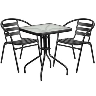 Flash Furniture 23.5" Square Glass Metal Table with 2 Metal Aluminum Slat Stack Chairs