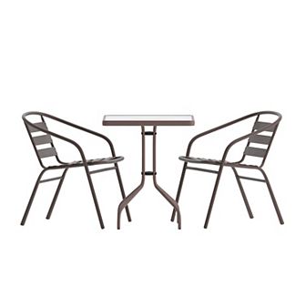Flash Furniture 23.5" Square Glass Metal Table with 2 Metal Aluminum Slat Stack Chairs