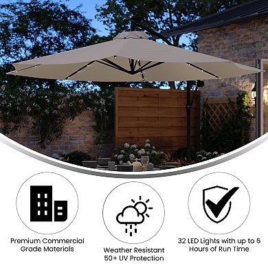 Flash Furniture Commercial 10 FT Solar LED Light Cantilever Umbrella with Crank and Tilt-Tan