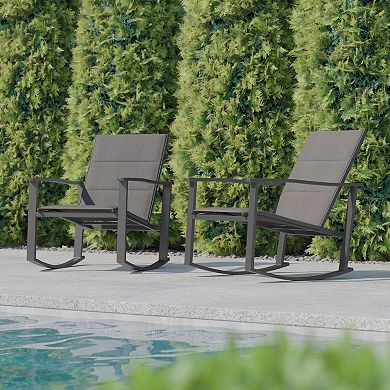 Flash Furniture Set of 2 All Weather Flex Comfort Rocking Chairs with Metal Frames-Black/Black
