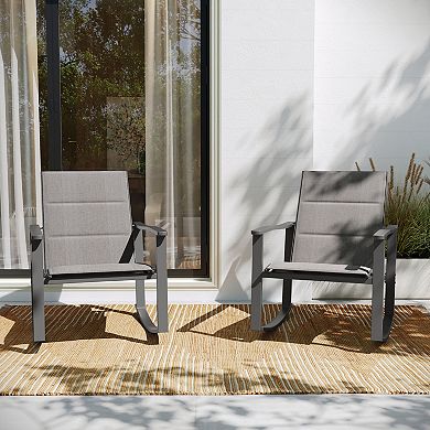 Flash Furniture Set of 2 All Weather Flex Comfort Rocking Chairs with Metal Frames-Black/Black