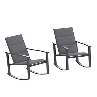 Flash Furniture Set of 2 All Weather Flex Comfort Rocking Chairs with Metal Frames-Black/Black