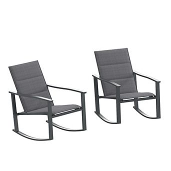 Flash Furniture Set of 2 All Weather Flex Comfort Rocking Chairs with Metal Frames-Black/Black