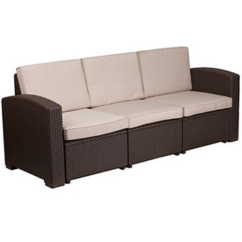 Flash Furniture Chocolate Brown Faux Rattan Sofa with All-Weather Cushions