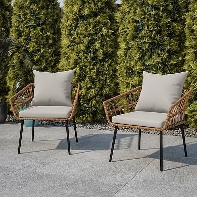 Flash Furniture All-Weather PE Rattan Wicker Patio Chairs with Cushions - 2 Pack