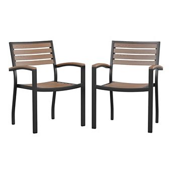 Flash Furniture Set of 2 Stackable All-Weather Aluminum Patio Chairs with Faux Teak Slats
