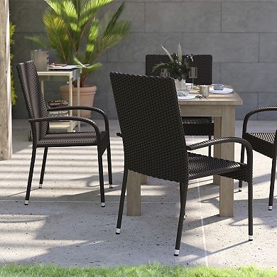 Flash Furniture Indoor/Outdoor Stacking Steel Framed Wicker Dining Armchairs - 4 Pack