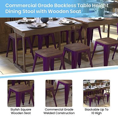 Flash Furniture Set of 4 18" Table Height Indoor Stackable Metal Stool with Wood Seat