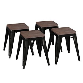 Flash Furniture Set of 4 18" Table Height Indoor Stackable Metal Stool with Wood Seat