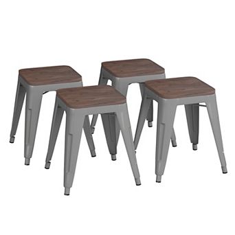 Flash Furniture Set of 4 18" Table Height Indoor Stackable Metal Stool with Wood Seat