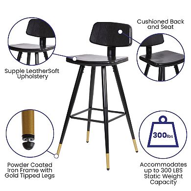Flash Furniture Set of 2 LeatherSoft Barstools with Iron Frame and Gold Tipped Legs