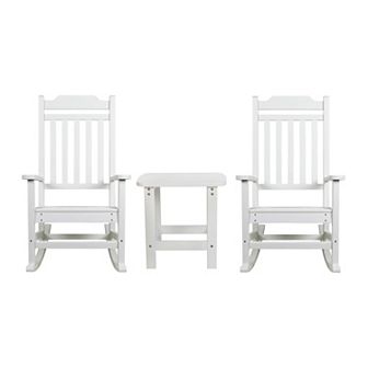 Flash Furniture Set of 2 Indoor/Outdoor Poly Resin Rocking Chairs with Side Table