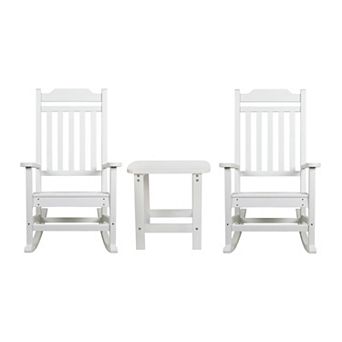 Flash Furniture Set of 2 Indoor/Outdoor Poly Resin Rocking Chairs with Side Table