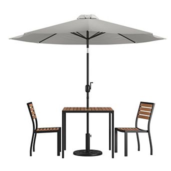 Flash Furniture Faux Teak Patio Table, 2 Chairs & 9FT Patio Umbrella with Base