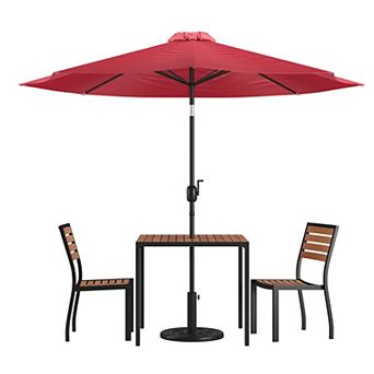 Flash Furniture Faux Teak Patio Table, 2 Chairs & 9FT Patio Umbrella with Base