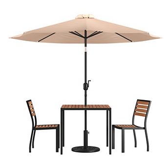Flash Furniture Faux Teak Patio Table, 2 Chairs & 9FT Patio Umbrella with Base
