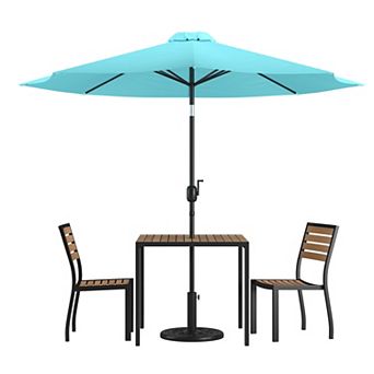 Flash Furniture Faux Teak Patio Table, 2 Chairs & 9FT Patio Umbrella with Base