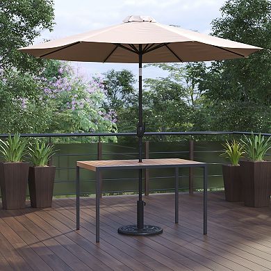 Flash Furniture Black Steel Framed 30" x 48" Faux Teak Patio Table-Tan 9FT Patio Umbrella-Base