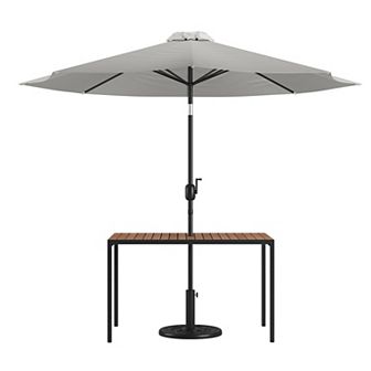 Flash Furniture Black Steel Framed 30" x 48" Faux Teak Patio Table-Tan 9FT Patio Umbrella-Base