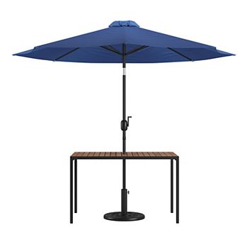 Flash Furniture Black Steel Framed 30" x 48" Faux Teak Patio Table-Tan 9FT Patio Umbrella-Base