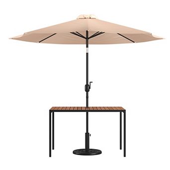 Flash Furniture Black Steel Framed 30" x 48" Faux Teak Patio Table-Tan 9FT Patio Umbrella-Base