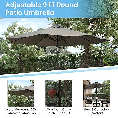 Flash Furniture Black Steel Framed 35" Square Faux Teak Patio Table-Tan 9FT Patio Umbrella-Base