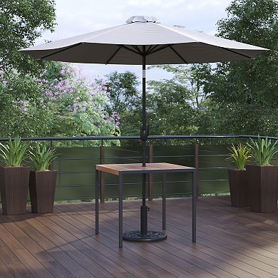 Flash Furniture Black Steel Framed 35" Square Faux Teak Patio Table-Tan 9FT Patio Umbrella-Base