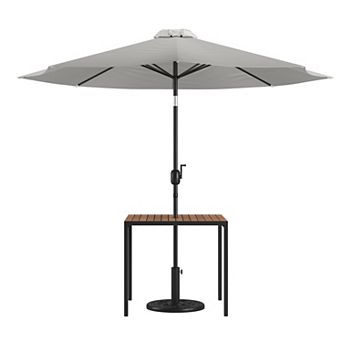 Flash Furniture Black Steel Framed 35" Square Faux Teak Patio Table-Tan 9FT Patio Umbrella-Base